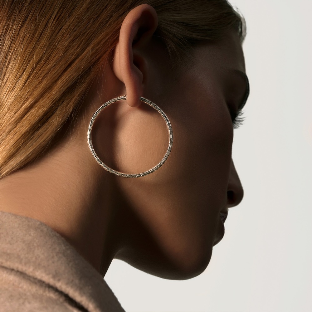John Hardy Carved Chain Large Hoop Earring Silver
